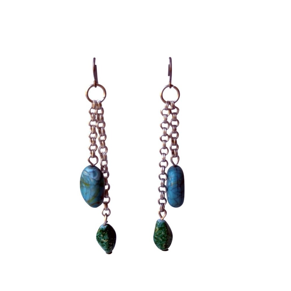Chico's Vintage Y2K Turquoise Green Stone Chain Earrings Long Boho Dangles NOS - Picture 4 of 4